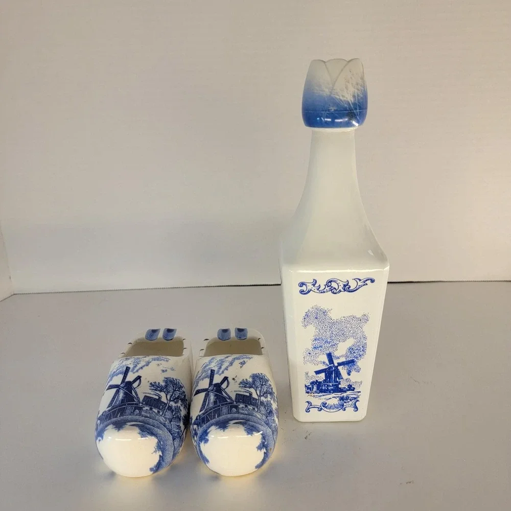 Vintage Delft Blue Windmill Decanter Set Clog Ashtrays Brechner Japan 3 Pc